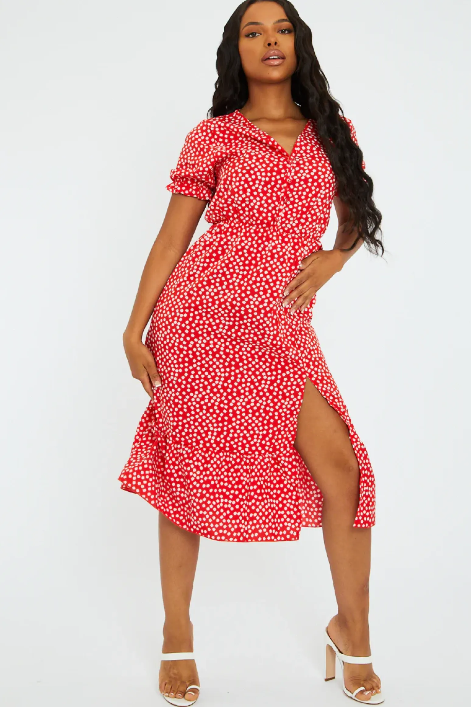 Rebellious Fashion Red Floral Print Front Slit Midi Dress - Avery