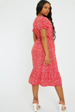 Rebellious Fashion Red Floral Print Front Slit Midi Dress - Avery