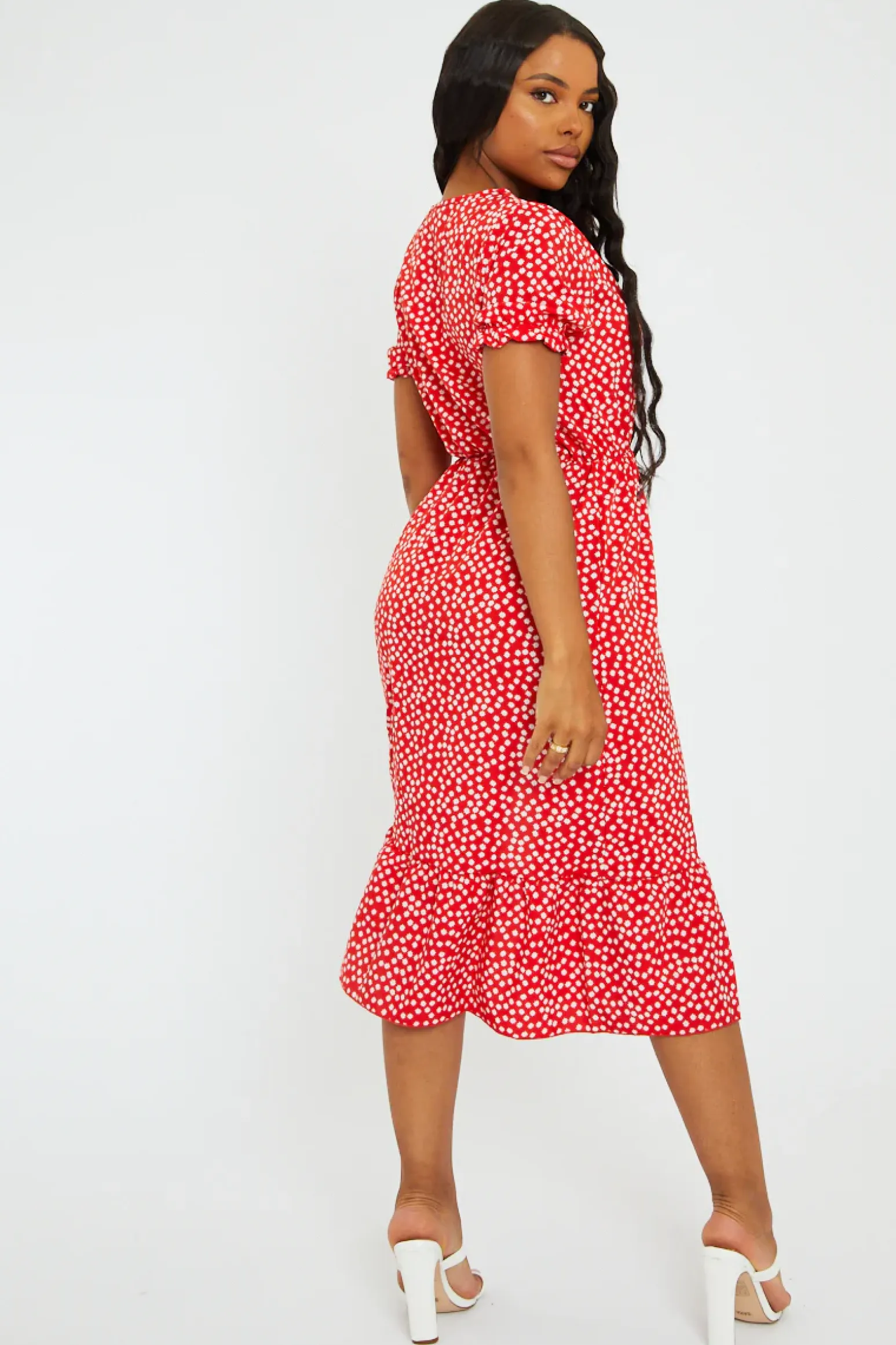 Rebellious Fashion Red Floral Print Front Slit Midi Dress - Avery