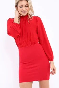 Rebellious Fashion Red High Neck Slinky Bodycon Mini Dress - Larina