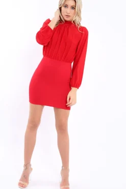 Rebellious Fashion Red High Neck Slinky Bodycon Mini Dress - Larina