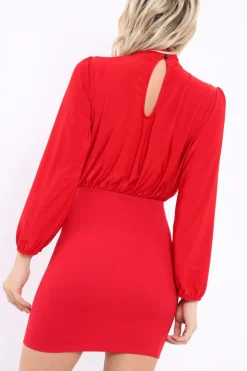 Rebellious Fashion Red High Neck Slinky Bodycon Mini Dress - Larina