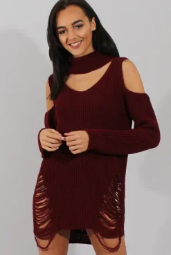 Rebellious Fashion Red Knitted Cut Out Front Cold Shoulder Distressed Jumper Dress - Jamie