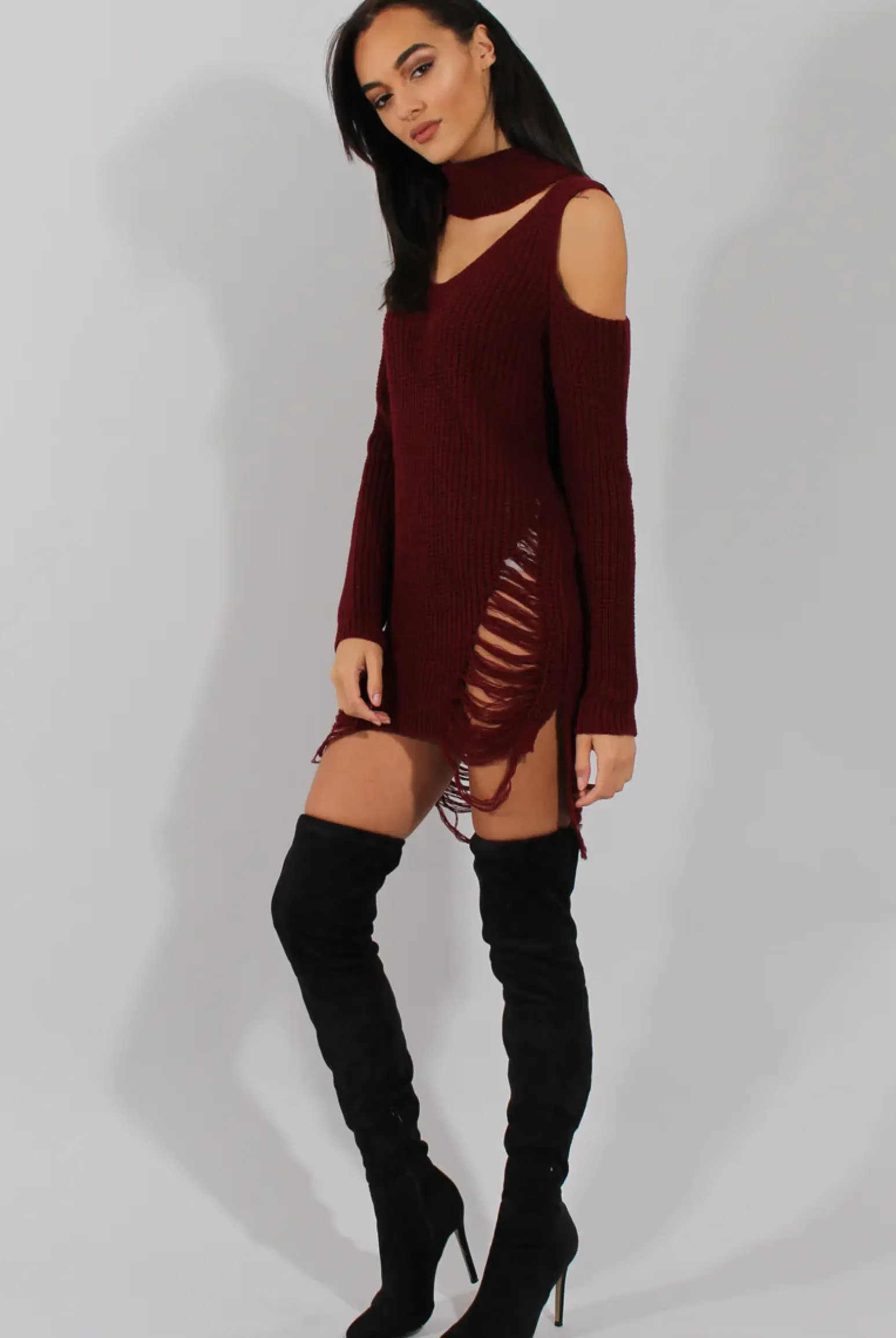 Rebellious Fashion Red Knitted Cut Out Front Cold Shoulder Distressed Jumper Dress - Jamie