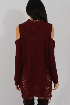 Rebellious Fashion Red Knitted Cut Out Front Cold Shoulder Distressed Jumper Dress - Jamie