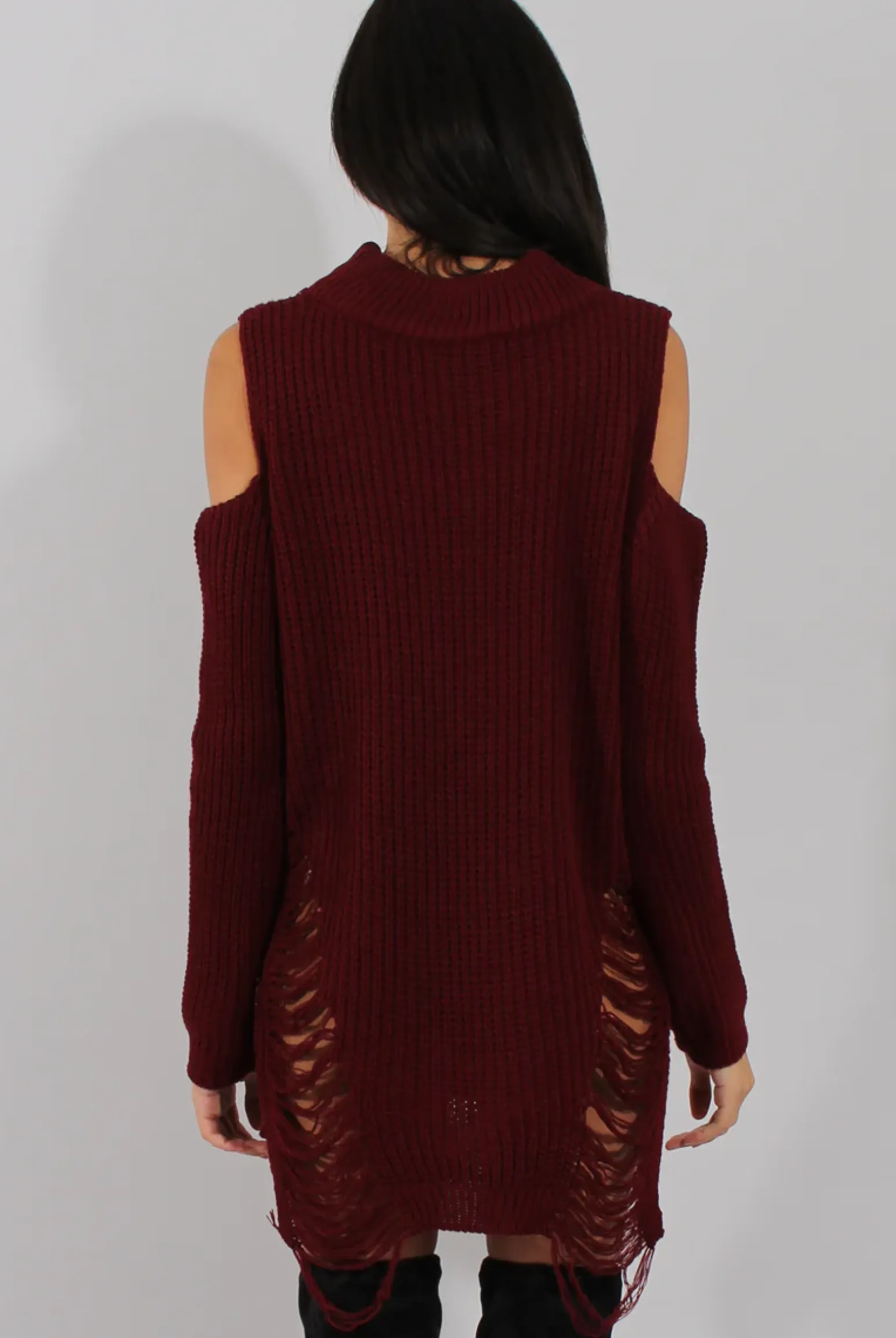Rebellious Fashion Red Knitted Cut Out Front Cold Shoulder Distressed Jumper Dress - Jamie