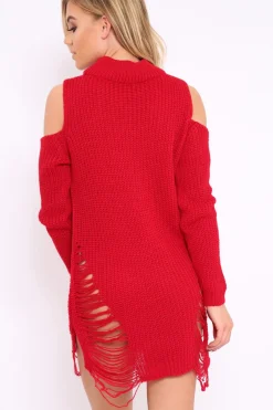 Rebellious Fashion Red Knitted Cut Out Front Cold Shoulder Distressed Jumper Dress - Jamie