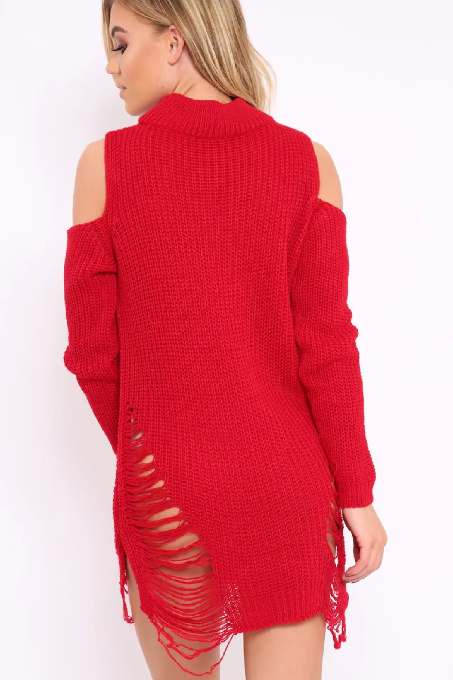 Rebellious Fashion Red Knitted Cut Out Front Cold Shoulder Distressed Jumper Dress - Jamie