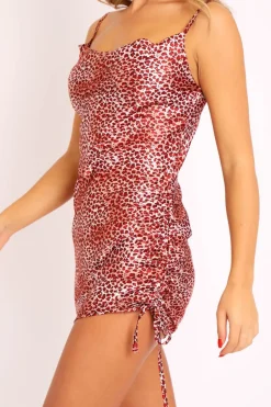 Rebellious Fashion Red Leopard Satin Ruched Side Slip Bodycon Dress - Davie