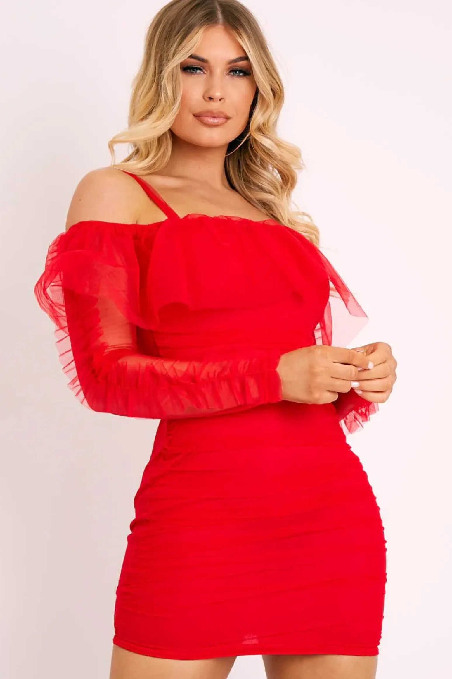 Rebellious Fashion Red Mesh Ruched Bardot Mini Bodycon Dress - Daliya