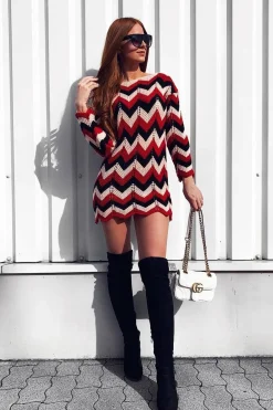 Rebellious Fashion Red Pink Black Chevron Jumper Dress - Kalise