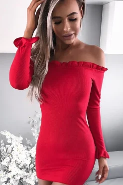 Rebellious Fashion Red Ribbed Ruffle Long Sleeve Bardot Dress - Madison