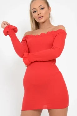 Rebellious Fashion Red Ribbed Ruffle Long Sleeve Bardot Dress - Madison