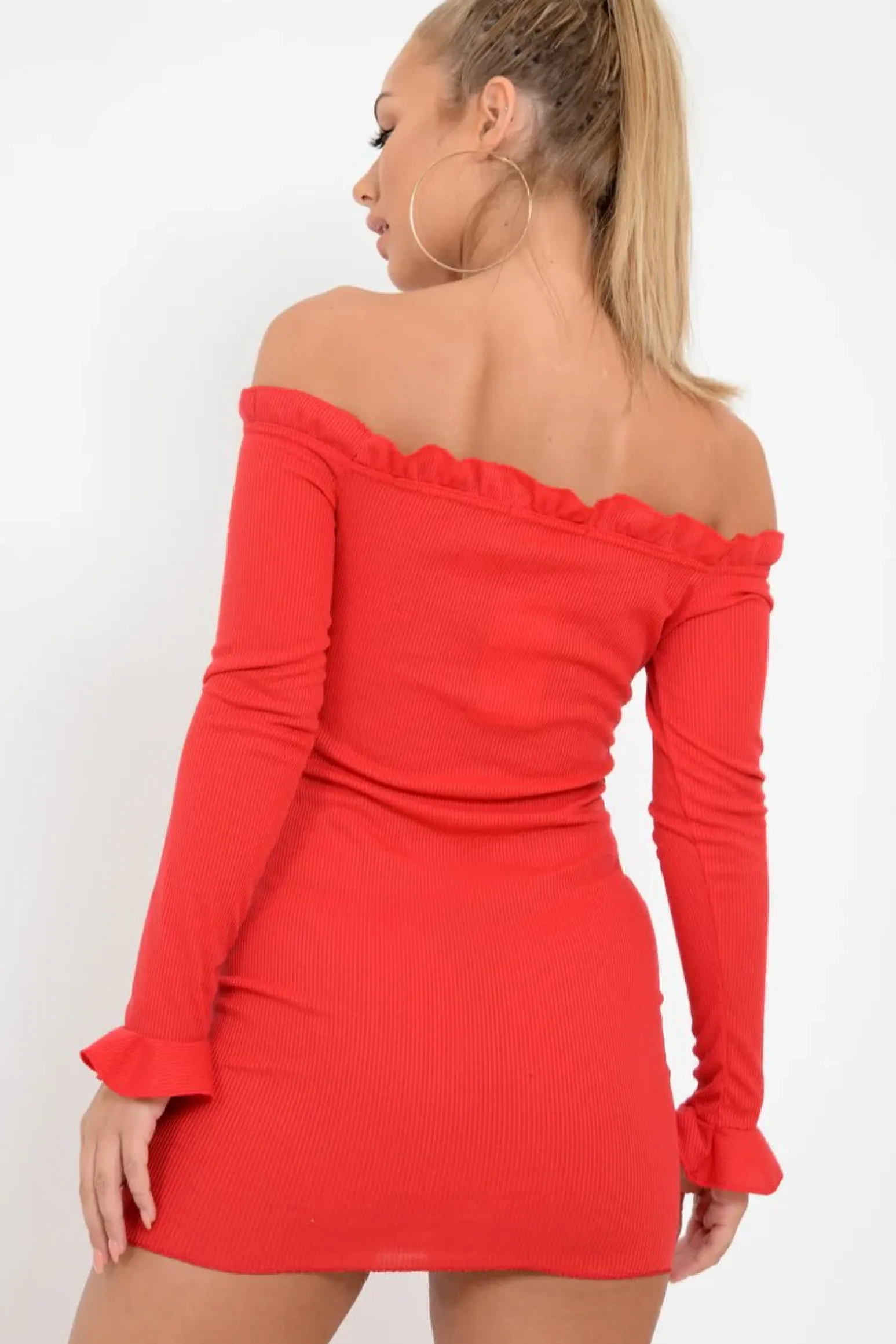 Rebellious Fashion Red Ribbed Ruffle Long Sleeve Bardot Dress - Madison