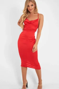 Rebellious Fashion Red Satin Cowl Neck Midi Bodycon Dress - Liliana