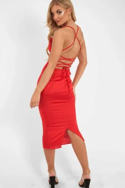 Rebellious Fashion Red Satin Cowl Neck Midi Bodycon Dress - Liliana
