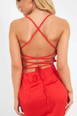Rebellious Fashion Red Satin Cowl Neck Midi Bodycon Dress - Liliana