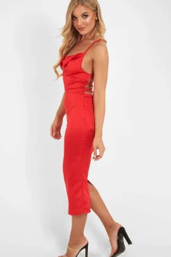 Rebellious Fashion Red Satin Cowl Neck Midi Bodycon Dress - Liliana