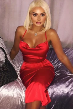 Rebellious Fashion Red Satin Cowl Neck Midi Bodycon Dress - Liliana