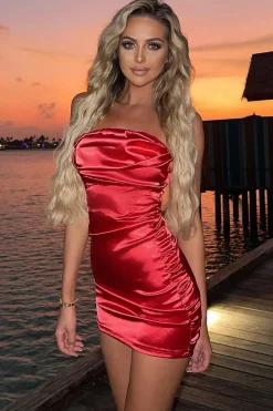 Rebellious Fashion Red Satin Ruched Mini Dress - Thia