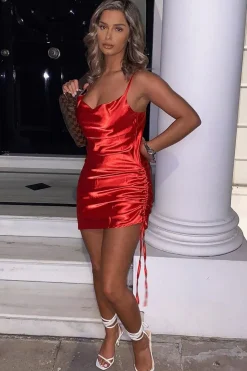 Rebellious Fashion Red Satin Ruched Side Slip Bodycon Dress - Davie