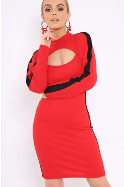 Rebellious Fashion Red Side Black Striped Cut Out Dress - Layia