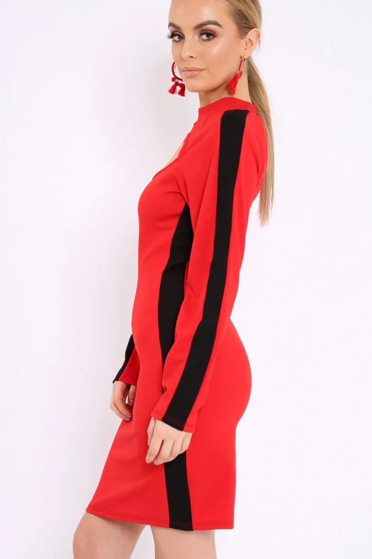 Rebellious Fashion Red Side Black Striped Cut Out Dress - Layia