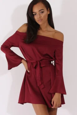 Rebellious Fashion Red Silky Bardot Tie Waist Dress - Esther