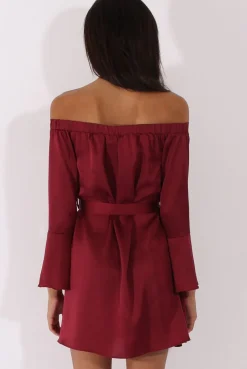 Rebellious Fashion Red Silky Bardot Tie Waist Dress - Esther