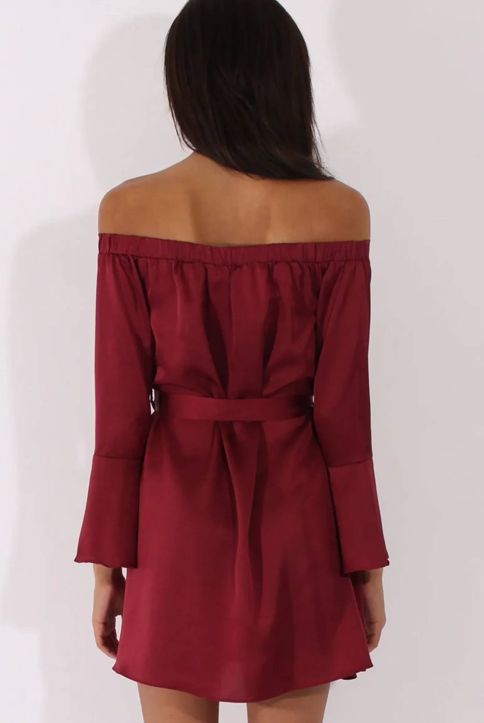 Rebellious Fashion Red Silky Bardot Tie Waist Dress - Esther