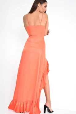 Rebellious Fashion Red Split Front Ruffle Hem Maxi Dress - Kaela