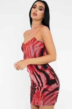 Rebellious Fashion Red Zebra Print Mesh Asymmetric Straps Mini Dress - Tuliya