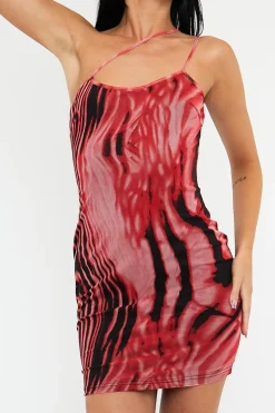 Rebellious Fashion Red Zebra Print Mesh Asymmetric Straps Mini Dress - Tuliya