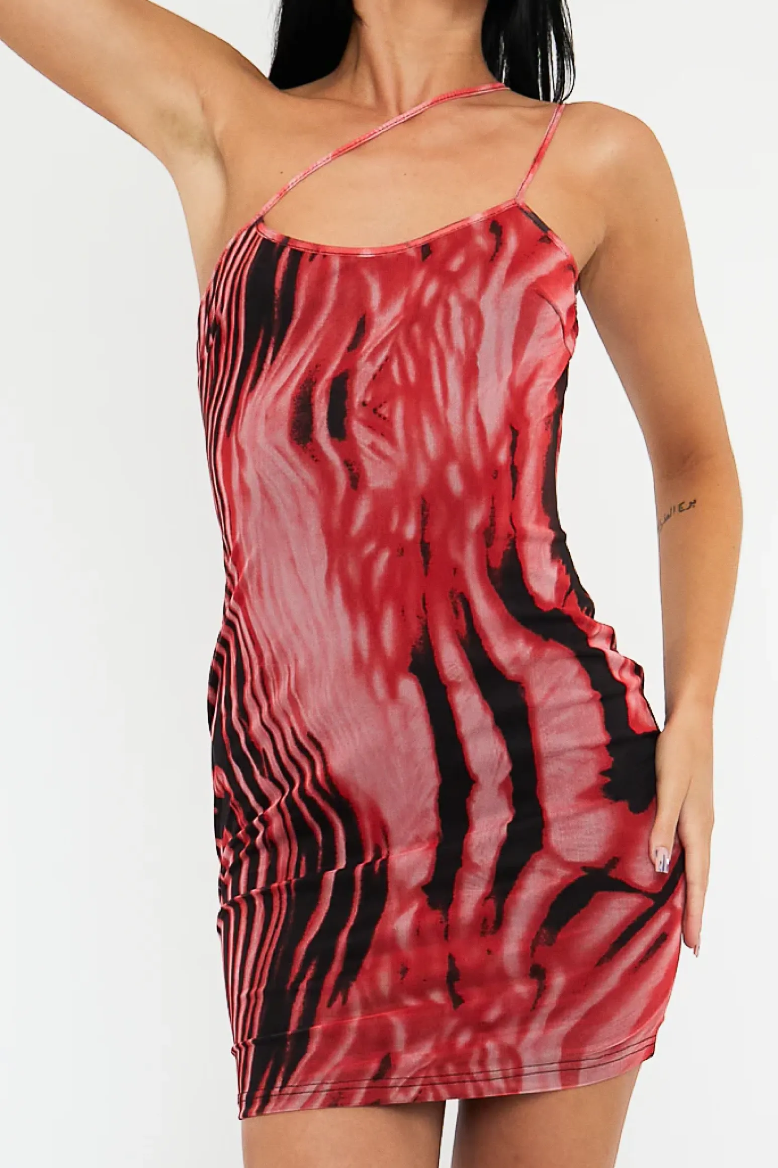 Rebellious Fashion Red Zebra Print Mesh Asymmetric Straps Mini Dress - Tuliya