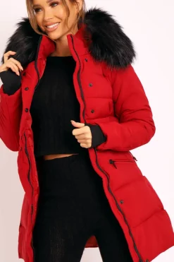 Rebellious Fashion Red Adjustable Waist Longline Puffer Coat - Zofia