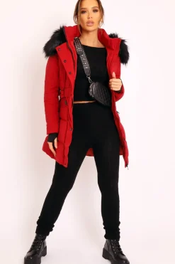 Rebellious Fashion Red Adjustable Waist Longline Puffer Coat - Zofia