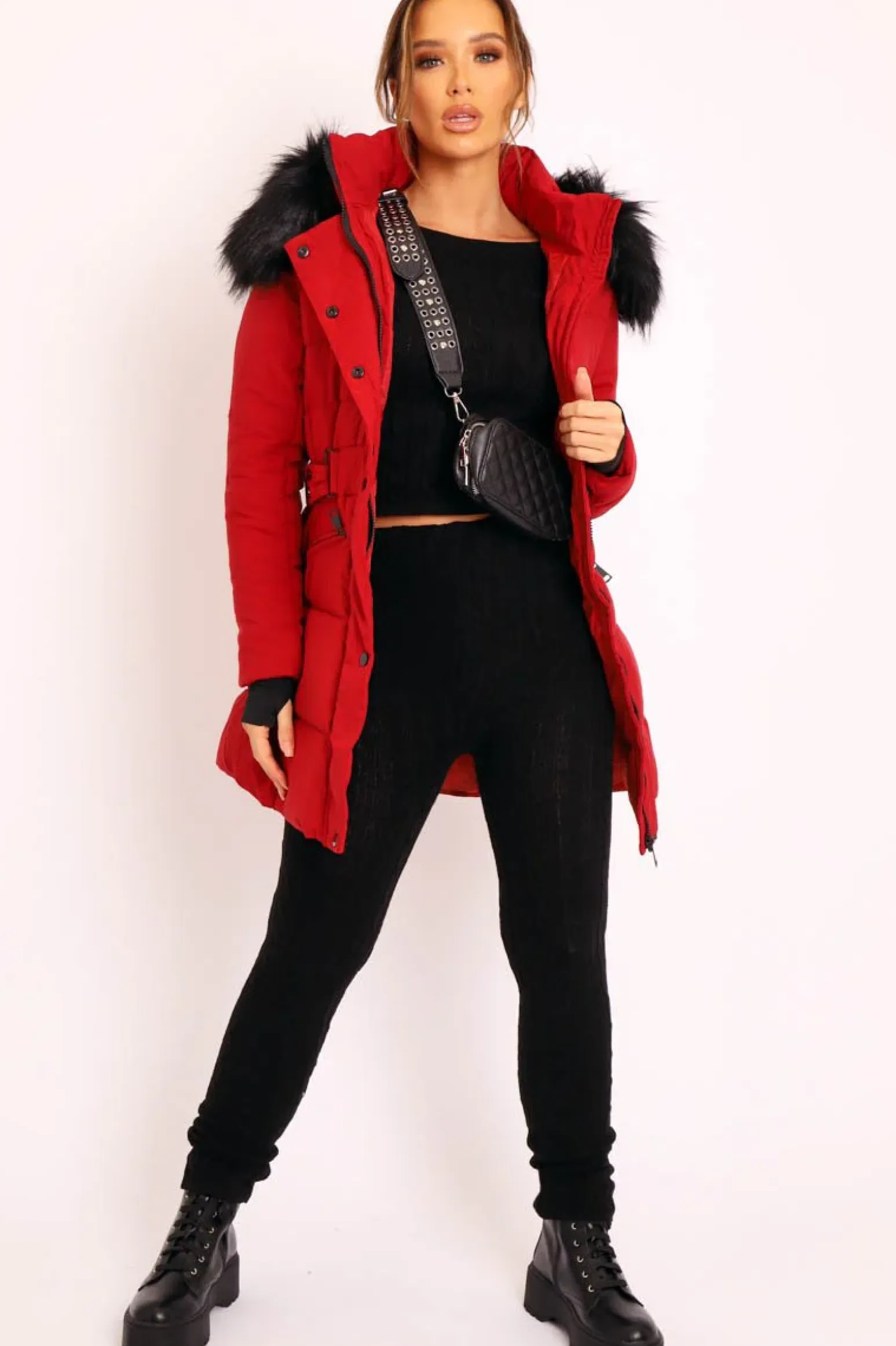 Rebellious Fashion Red Adjustable Waist Longline Puffer Coat - Zofia