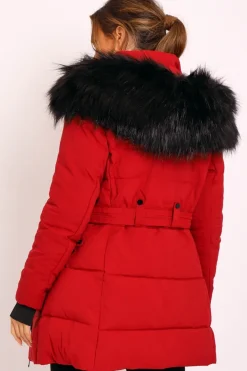 Rebellious Fashion Red Adjustable Waist Longline Puffer Coat - Zofia