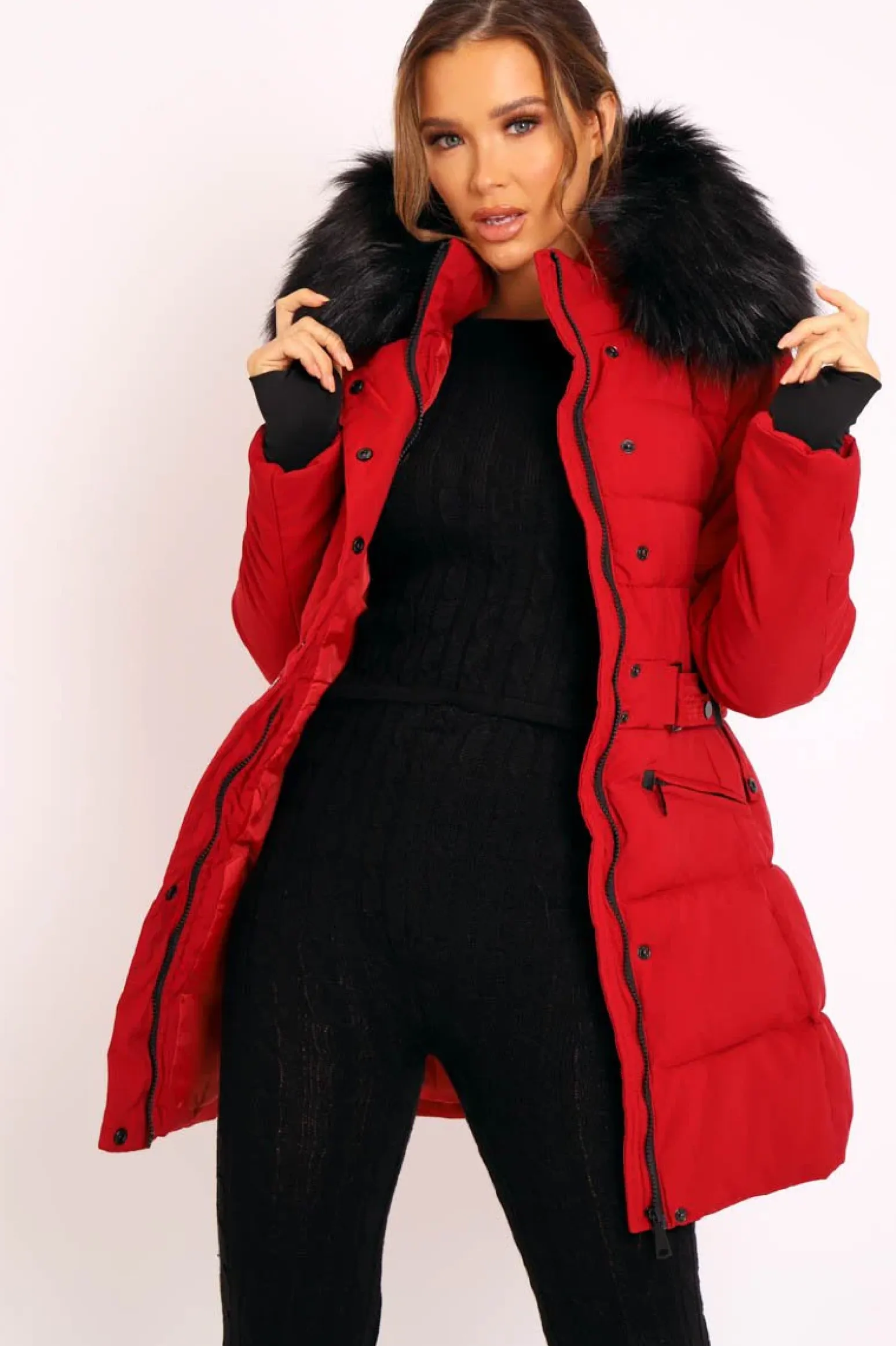 Rebellious Fashion Red Adjustable Waist Longline Puffer Coat - Zofia