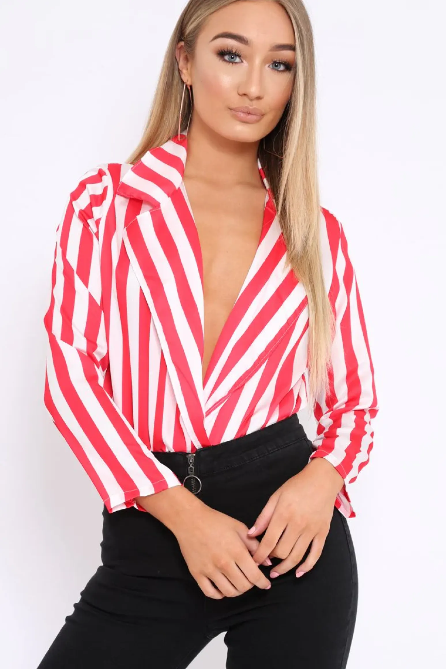 Rebellious Fashion Red & White Striped Open Collar Bodysuit - Torie