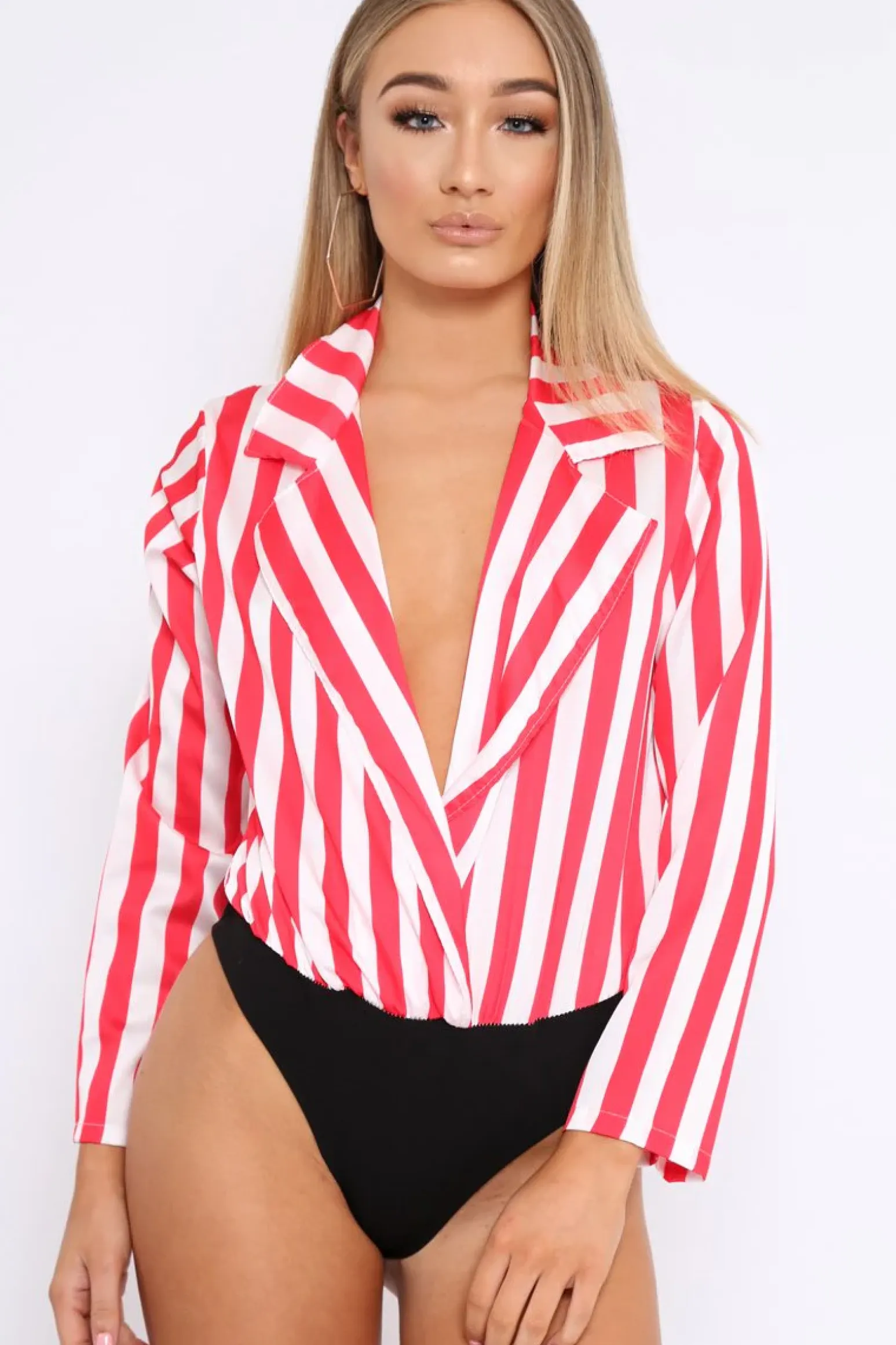 Rebellious Fashion Red & White Striped Open Collar Bodysuit - Torie