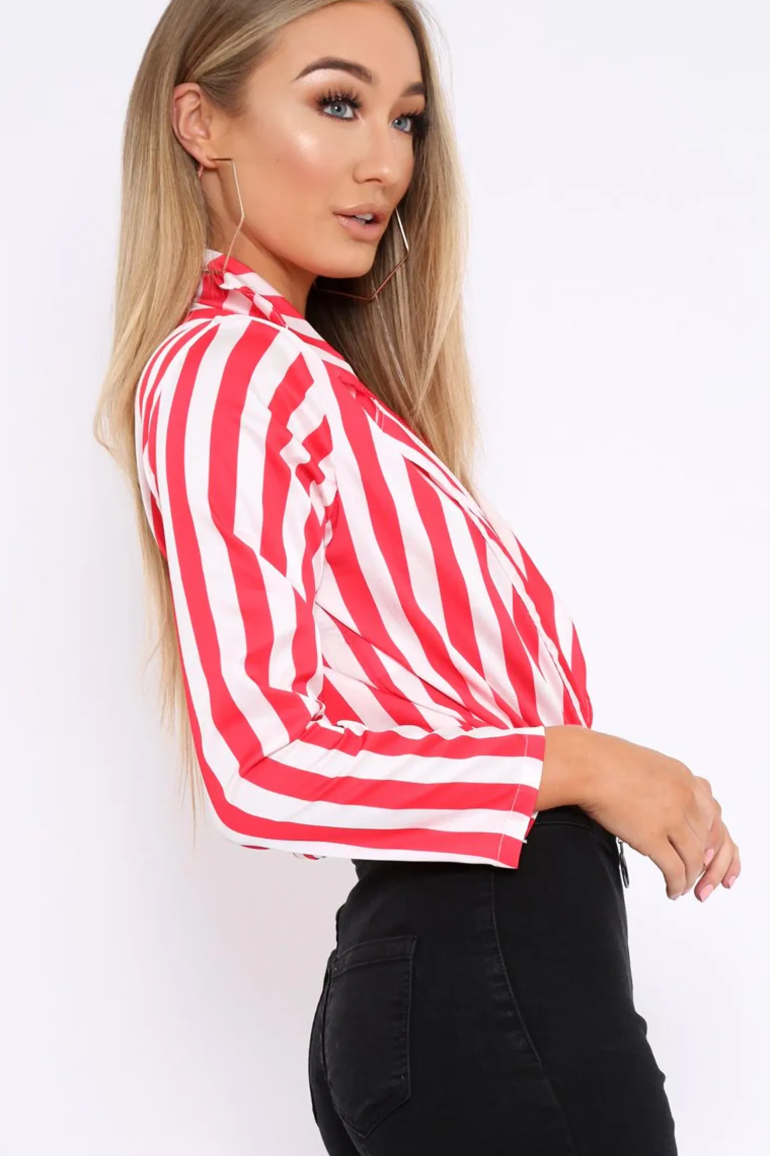 Rebellious Fashion Red & White Striped Open Collar Bodysuit - Torie