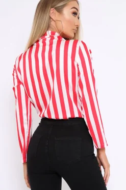 Rebellious Fashion Red & White Striped Open Collar Bodysuit - Torie