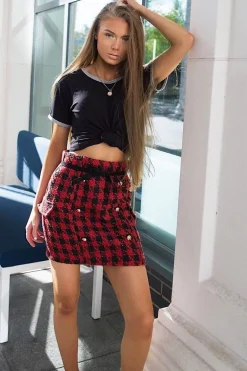 Rebellious Fashion Red and Black Check Button Front Skirt - Dalena