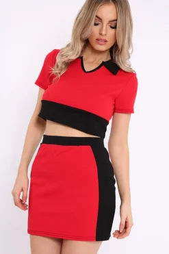 Rebellious Fashion Red and Black Crop Top and Mini Skirt Co-ord - Kasie