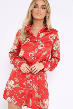 Rebellious Fashion Red and Gold Chain Print Shirt Dress - Pollyann
