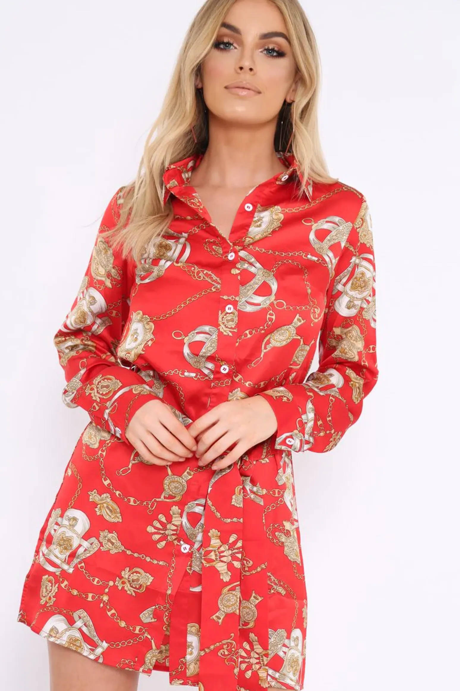 Rebellious Fashion Red and Gold Chain Print Shirt Dress - Pollyann