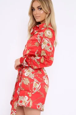 Rebellious Fashion Red and Gold Chain Print Shirt Dress - Pollyann