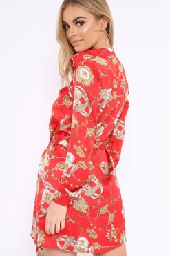 Rebellious Fashion Red and Gold Chain Print Shirt Dress - Pollyann