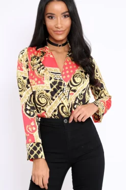 Rebellious Fashion Red and Gold Scarf Print Satin Plunge Bodysuit - Moniqua